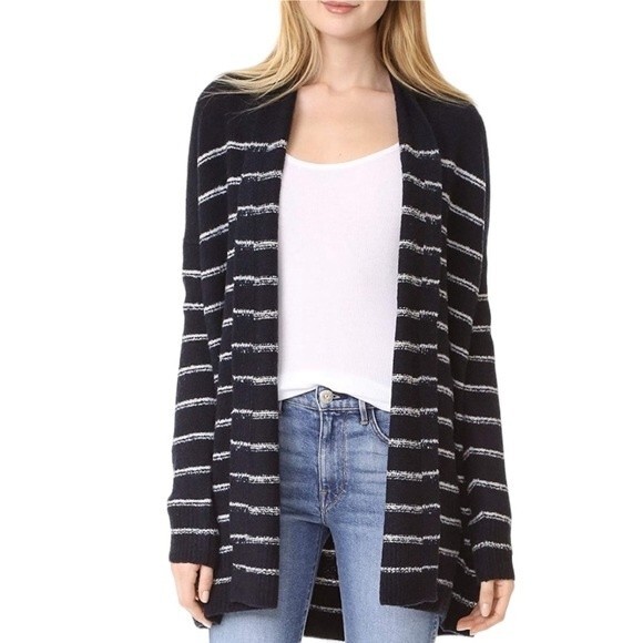 Vince Wool Blend Navy & White Stripe Open Front Cardigan Sweater Long Sleeves - Picture 14 of 14